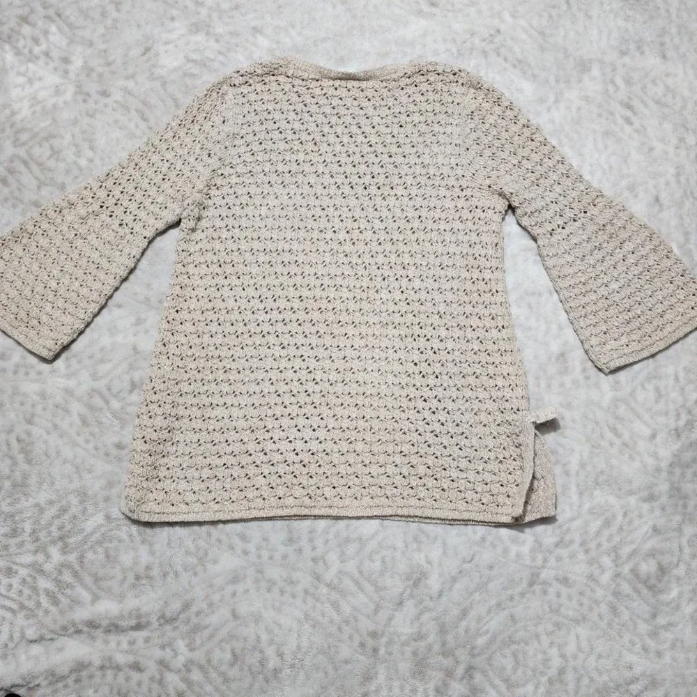 J Jill Top Women's Sz M Open Knit Crochet Tunic Boho 3/4 Bell Sleeve Granola
